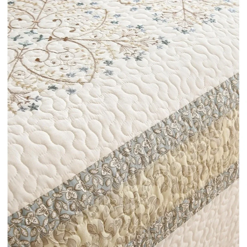 Home Classics Full Quilted Bed Cover Cream Blue Floral Embroidered 96x110 Cotton